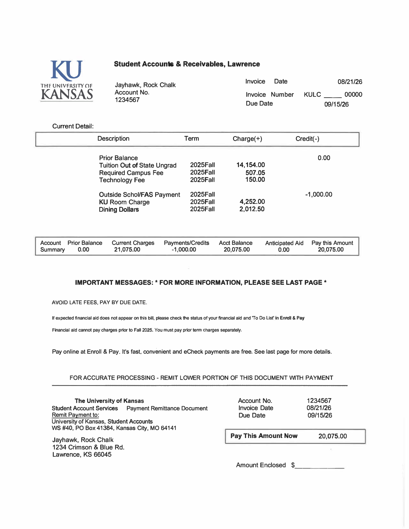 Sample student bill